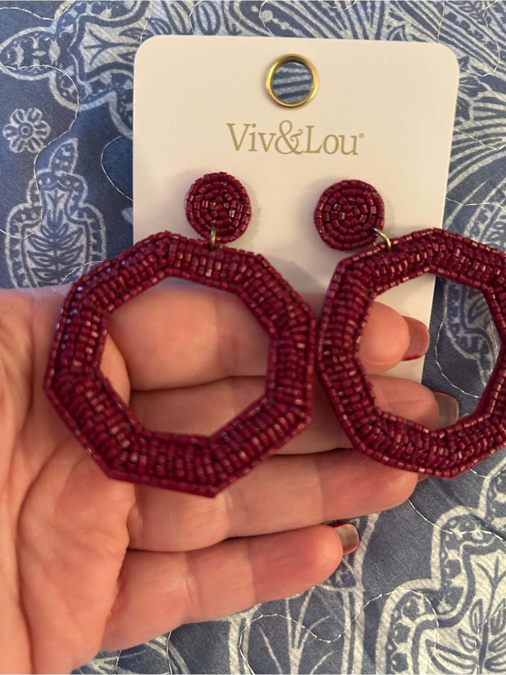 Viv & Lou Burgundy Beaded Octagon Hoop Earrings